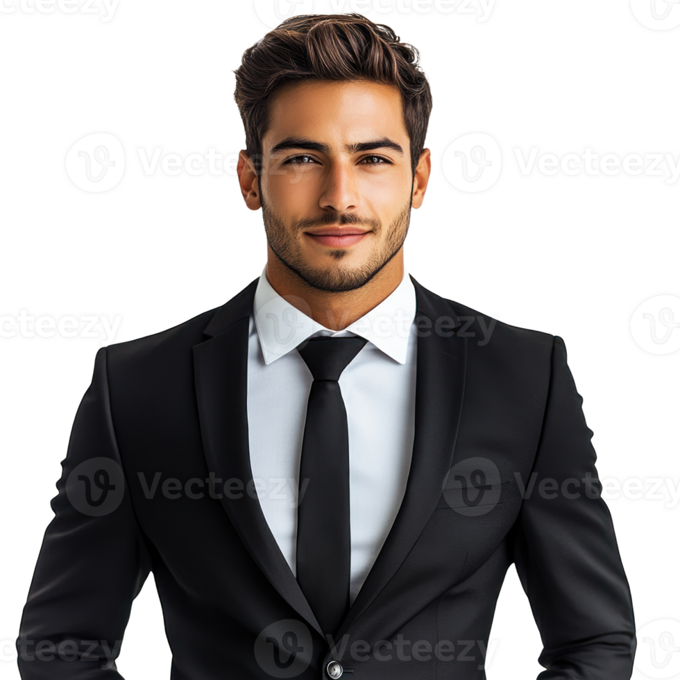 Elegant man in black suit with tie poses confidently for a professional portrait conveying modern sophistication png