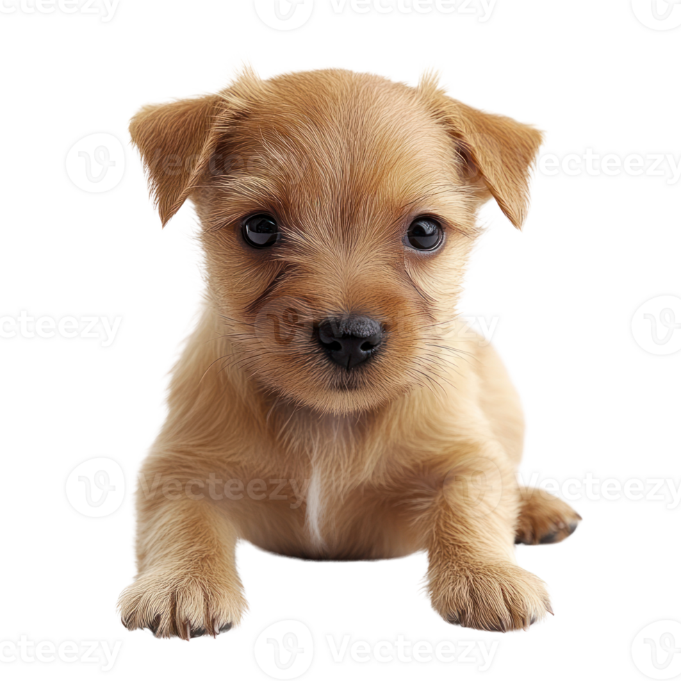 Playful puppy with fluffy fur lounging on a clean white surface in bright natural light png