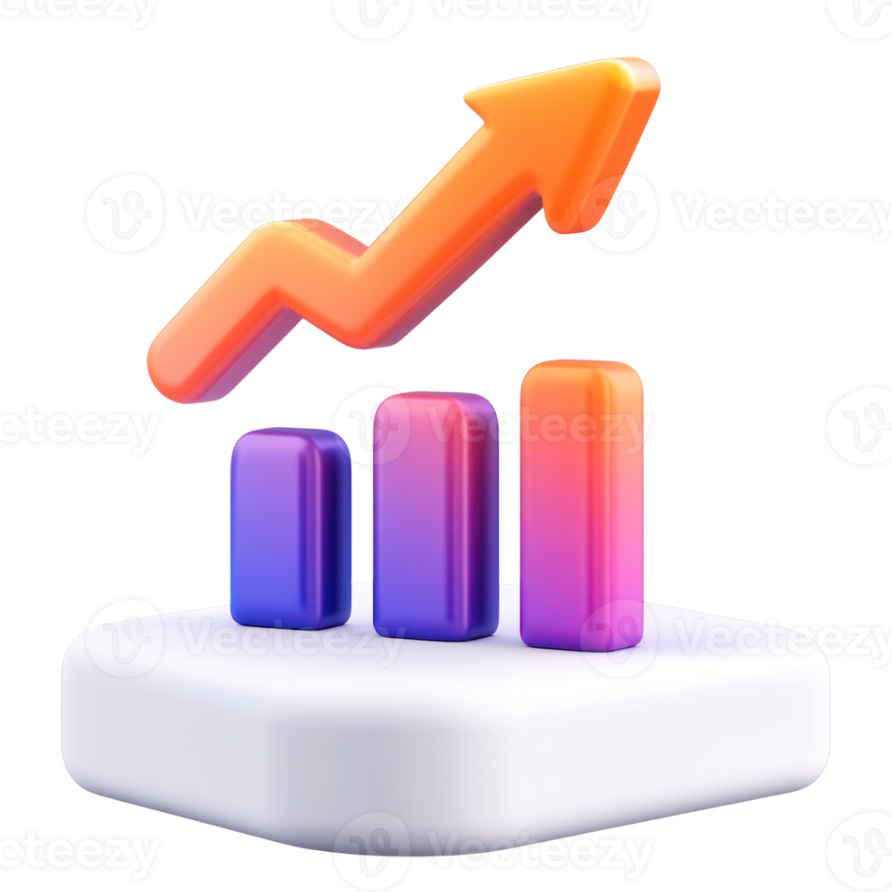 Colorful 3D graph displaying upward trend with three bars and an arrow showing growth png