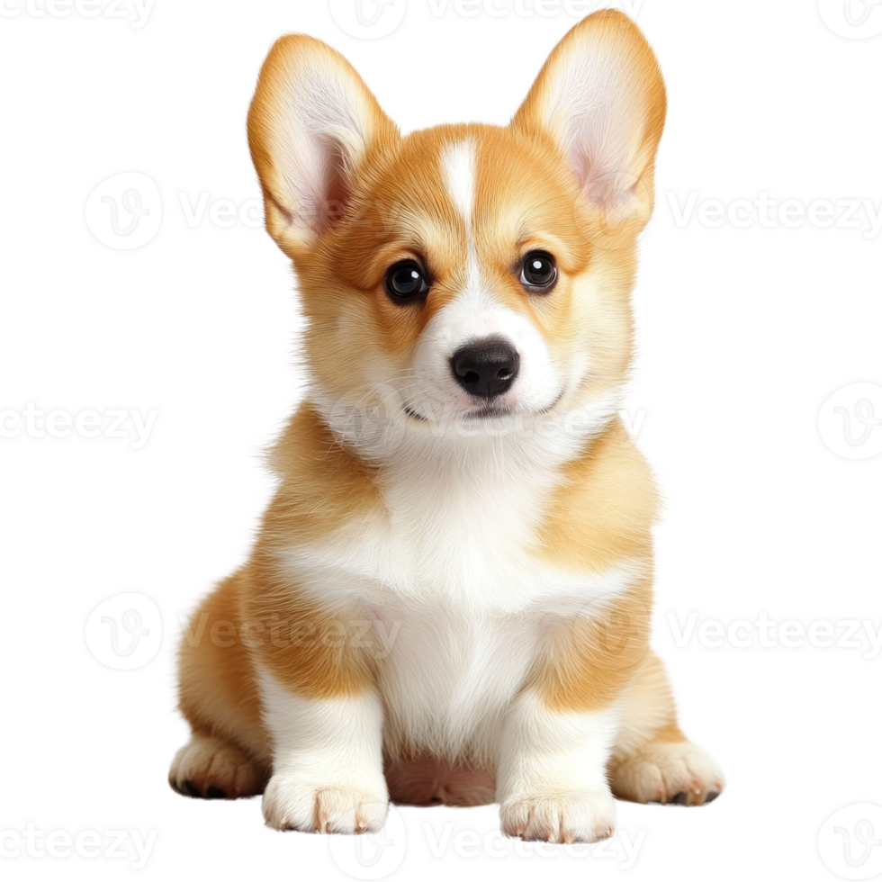 Cute isolated corgi puppy with fluffy fur and big ears sitting adorably on a white background png
