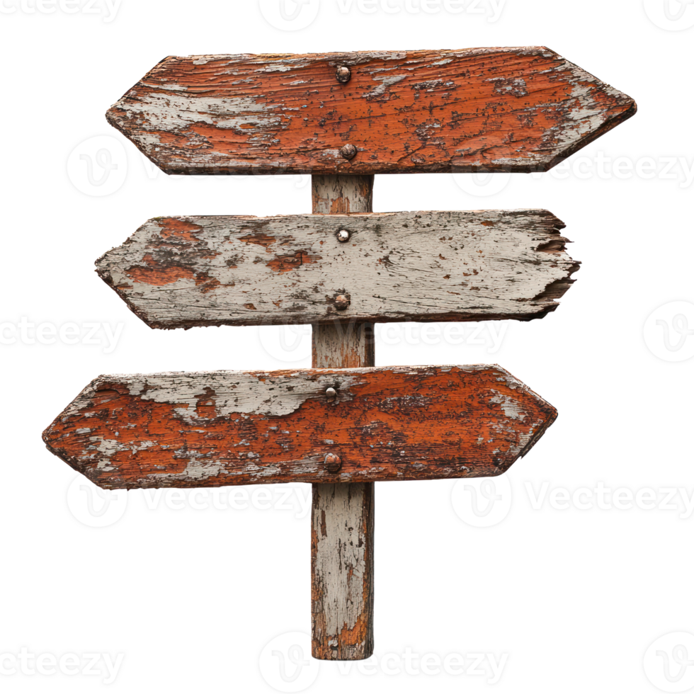 Old rustic wooden signpost with three directional arrows in weathered condition isolated on white background png