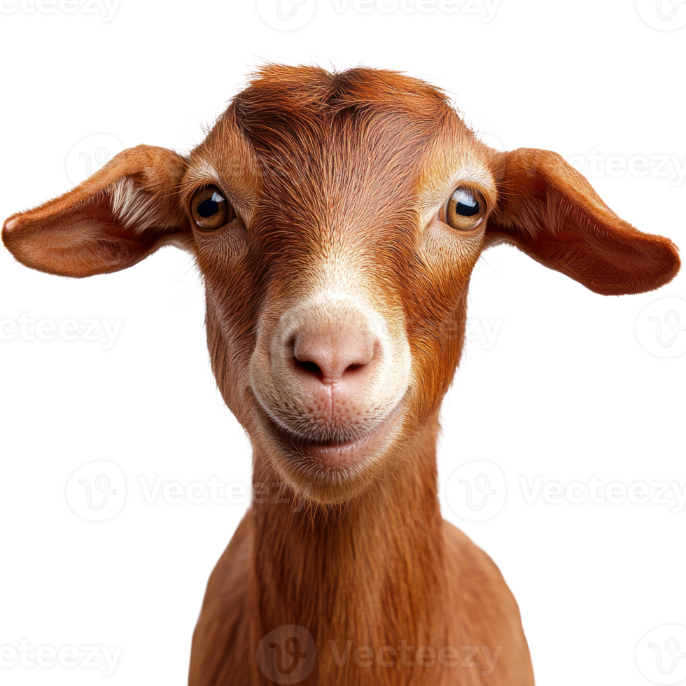 Smiling brown goat with expressive eyes posing against a plain backdrop png