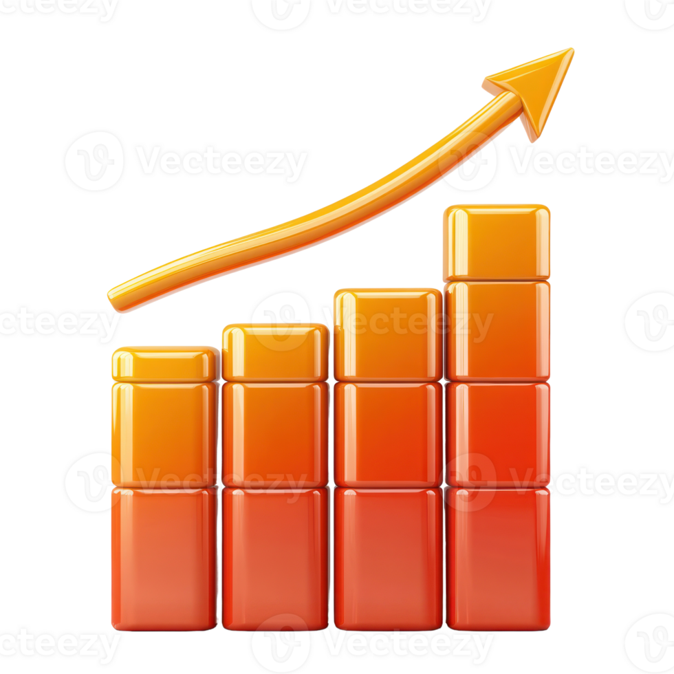 Growth chart with upward trend represented by orange blocks and arrow highlighting progress in data visualization png