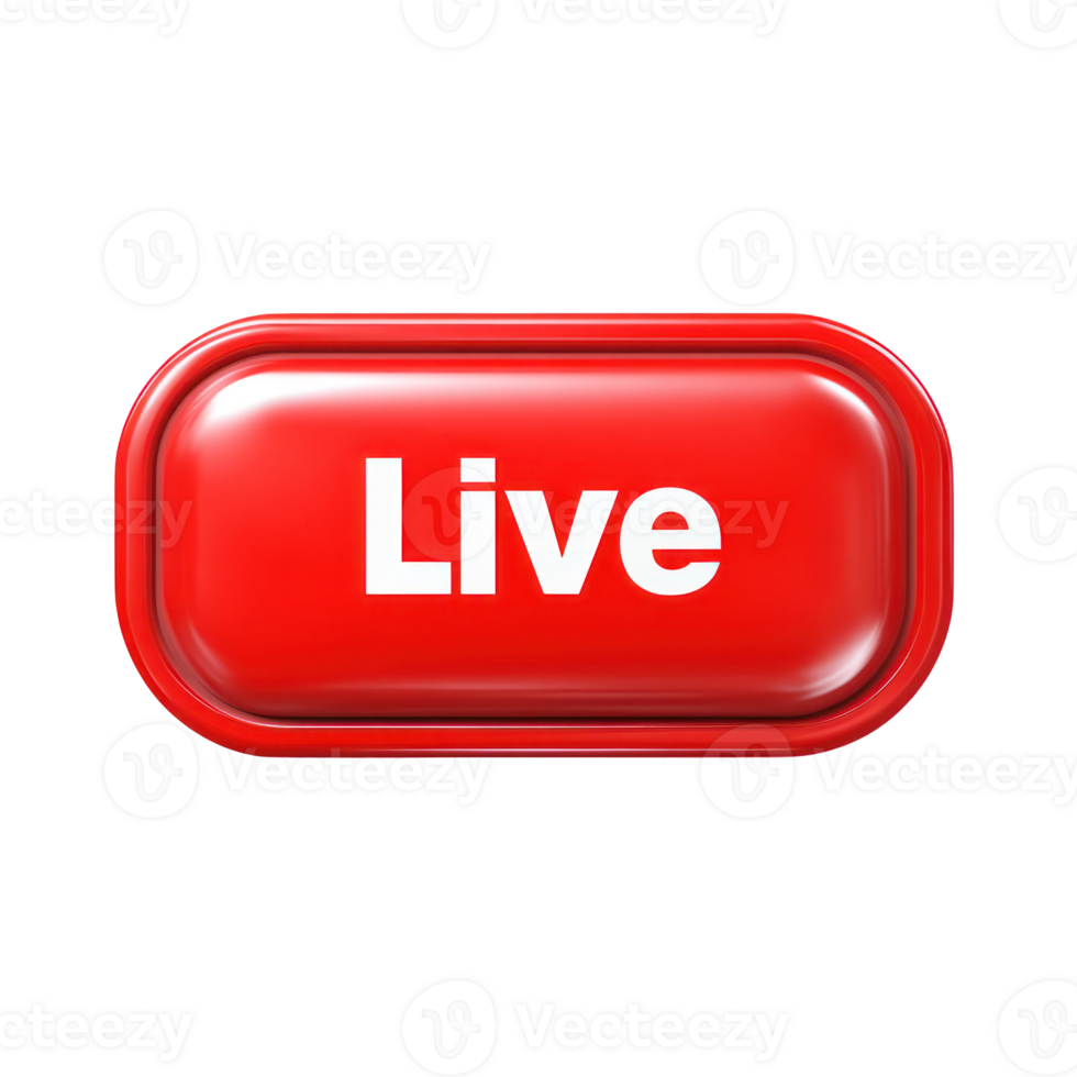 Bold red button with the word Live, isolated on a white background, signaling real time engagement png