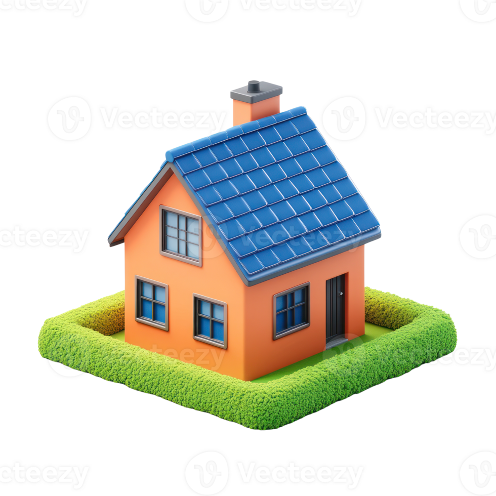 Colorful house with a blue roof and green grass in a sunny environment with a clear sky png