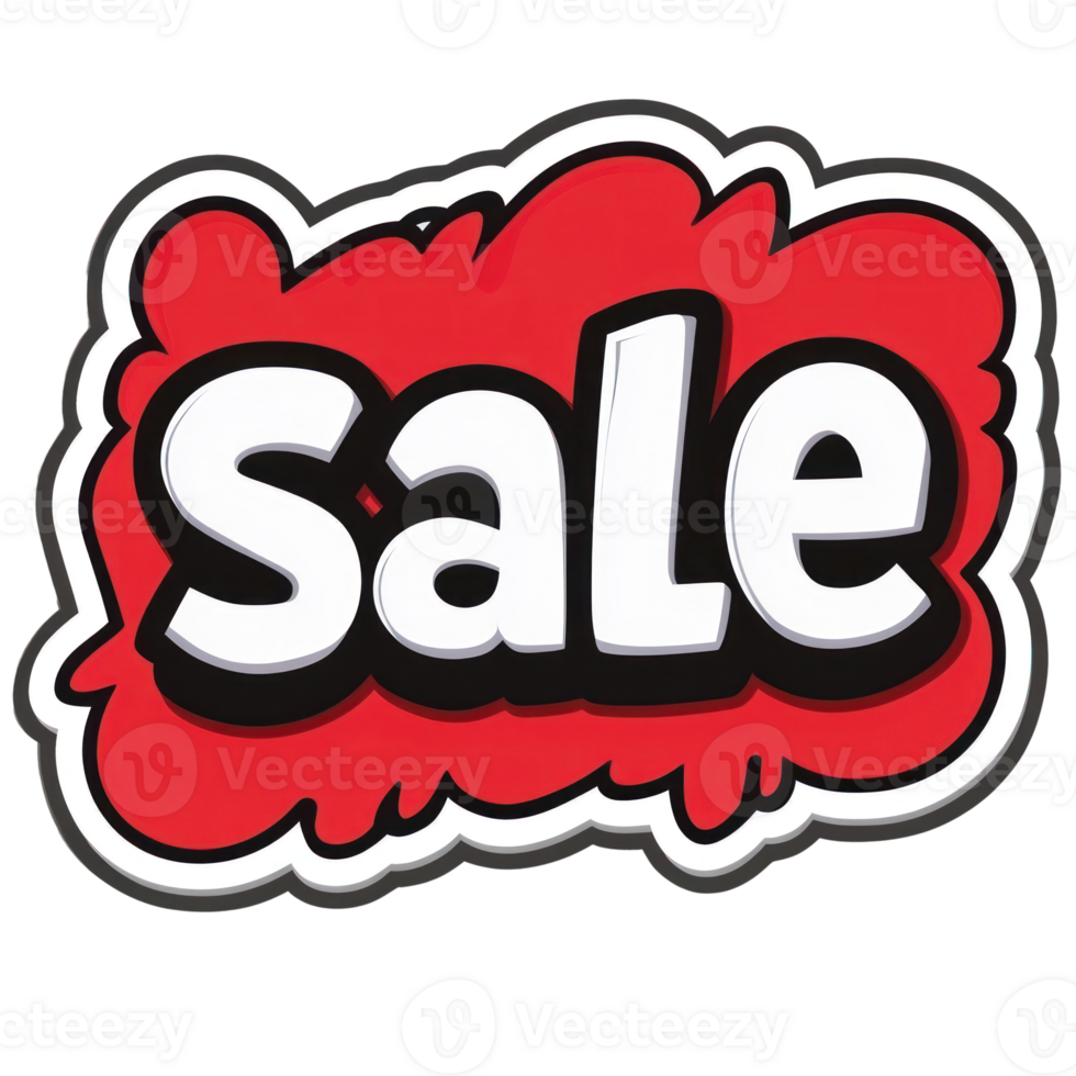Bright red sale sign designed with bold lettering and a playful background, attracting attention to promotions png