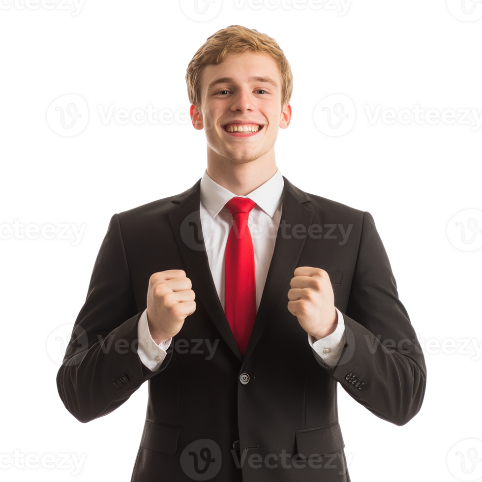 Young man in a suit celebrating with fists raised in a joyful gesture against a white background png