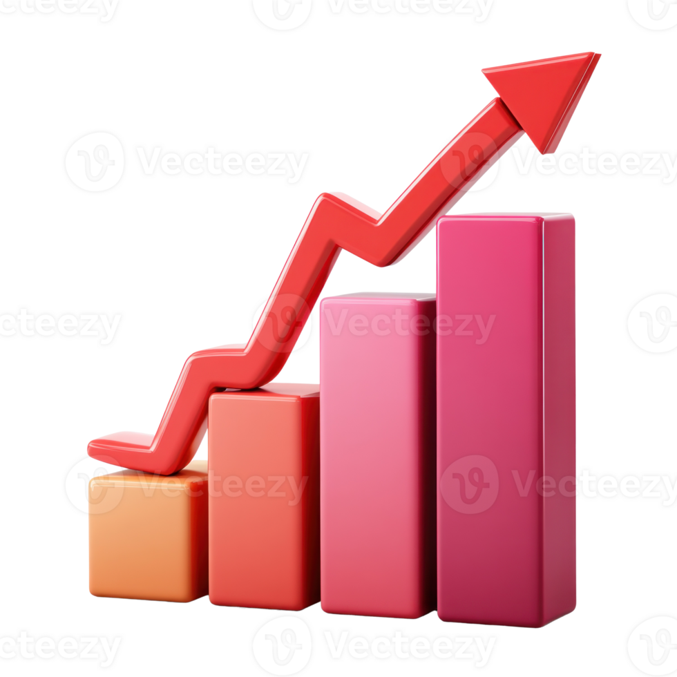 Increasing bar graph showing upward trend with red arrow on isolated background png