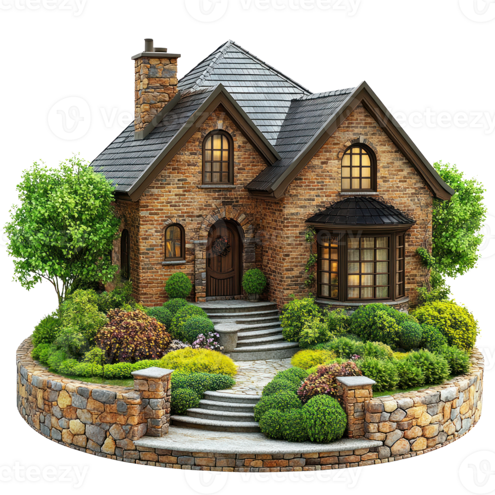 Charming brick house surrounded by lush gardens and manicured lawns in a cozy neighborhood setting png