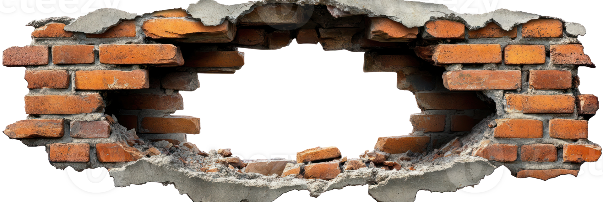 Damaged brick wall with broken mortar revealing empty space behind it png