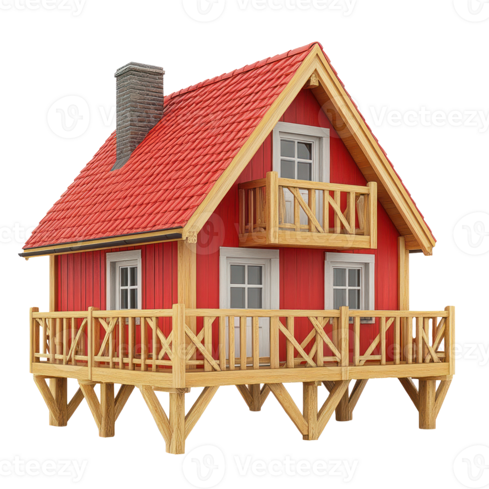 Charming red wooden house with balcony and chimney in a cozy design png