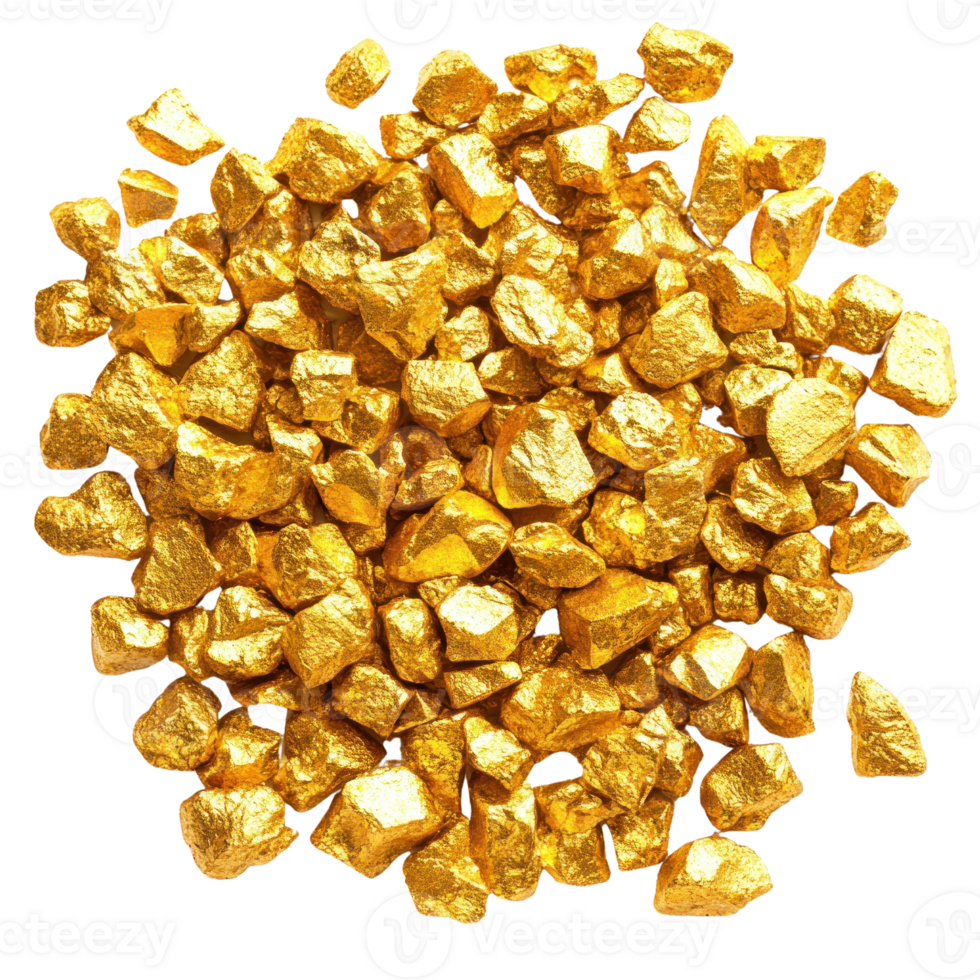 Natural gold nuggets isolated on a white background showing their unique shapes and shiny surfaces png