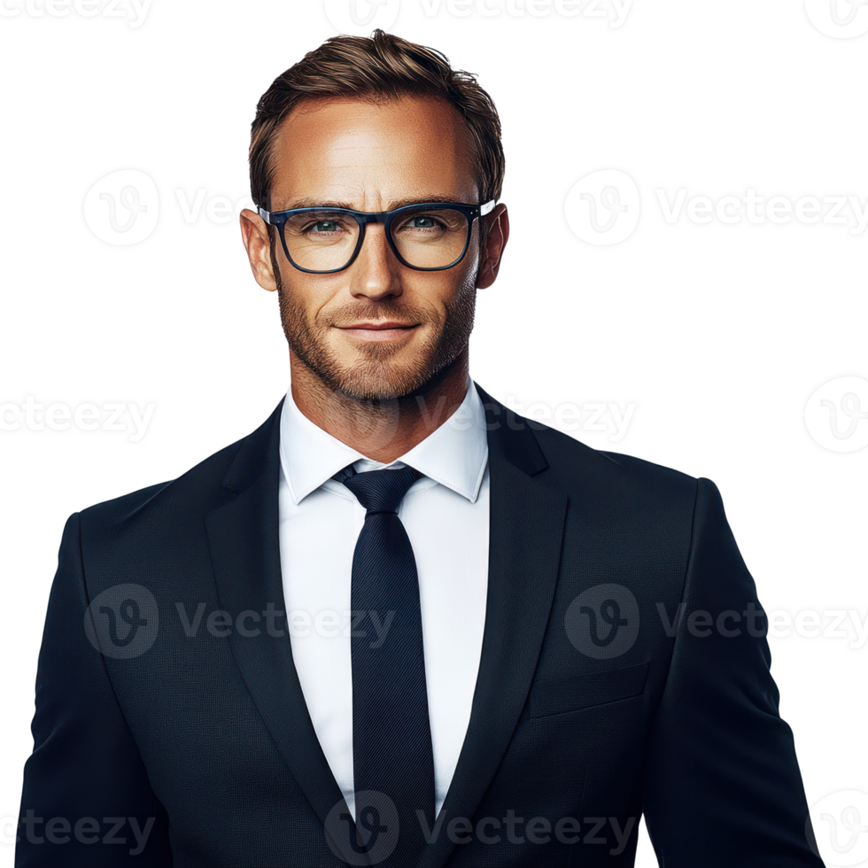 Stylish man in formal suit wearing glasses, posing confidently against a white background png