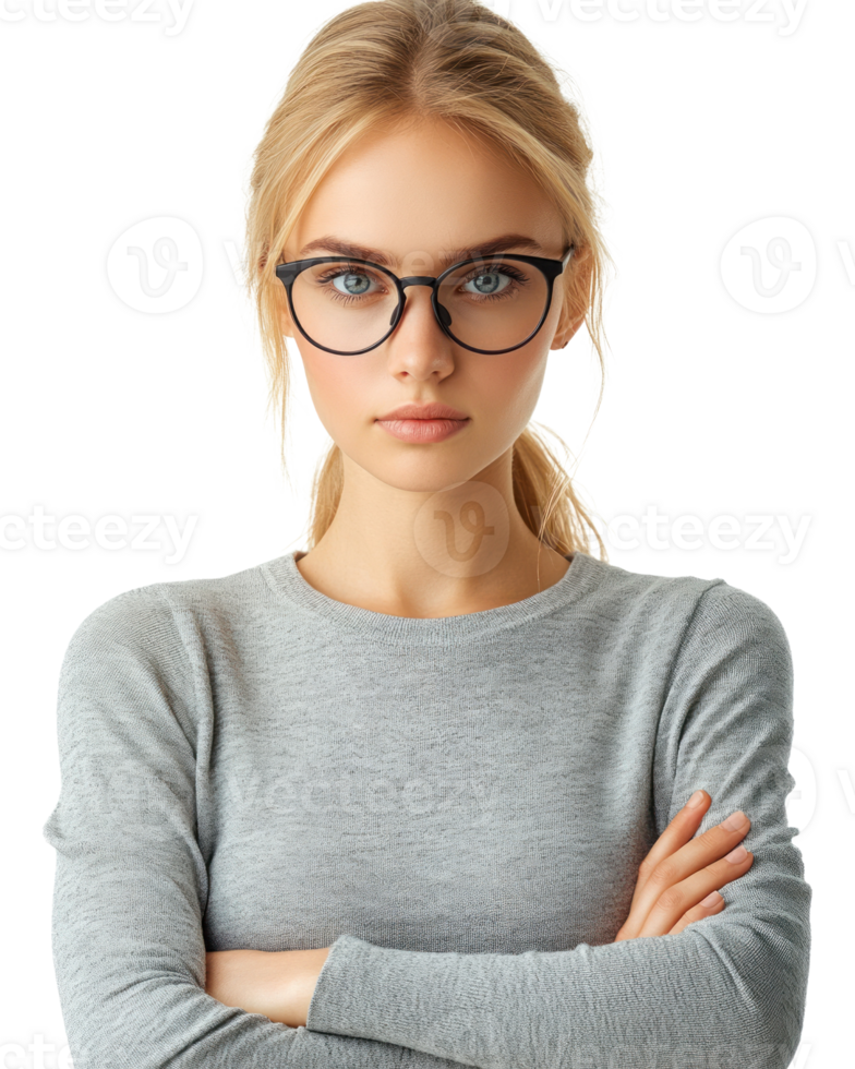 Young woman wearing glasses with a serious expression against a plain background png
