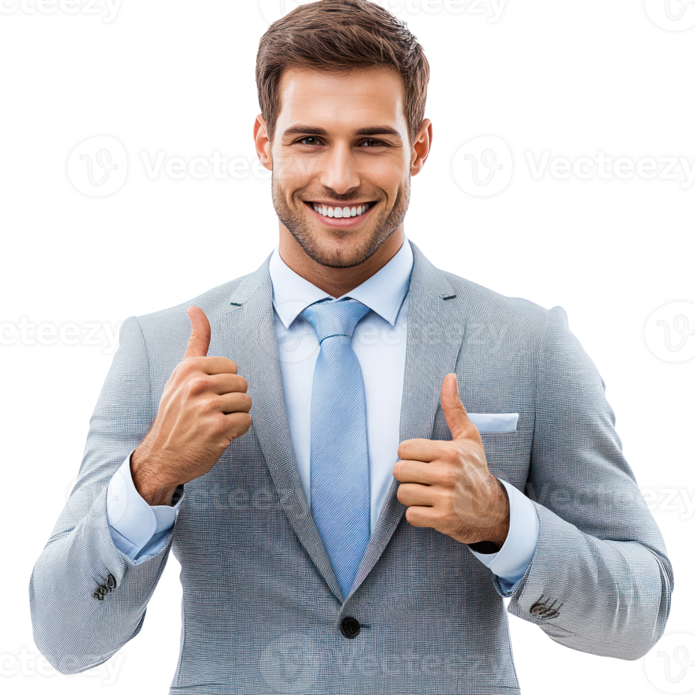 Confident young man in a light gray suit showing thumbs up with a smile against isolated background png