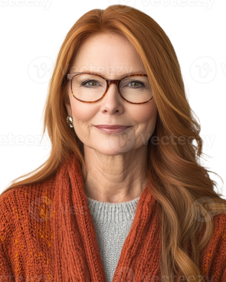 Portrait of a confident older woman with red hair and glasses, wearing a cozy sweater against a plain background png
