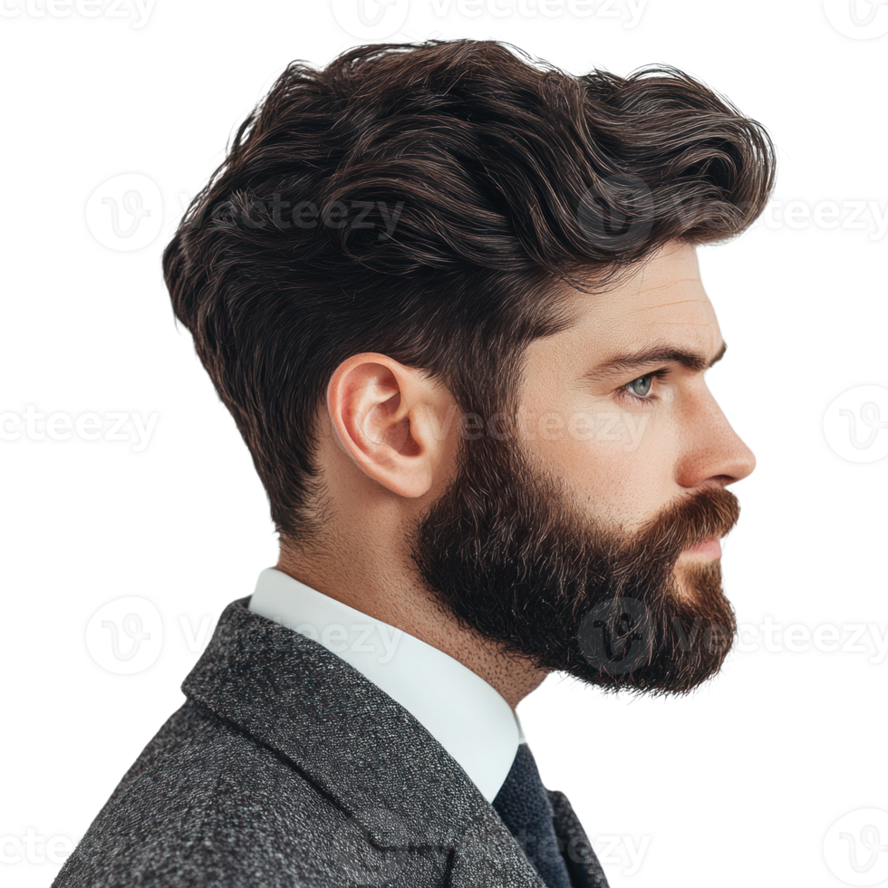 Stylish portrait of a man with well groomed beard and wavy hair in formal attire png