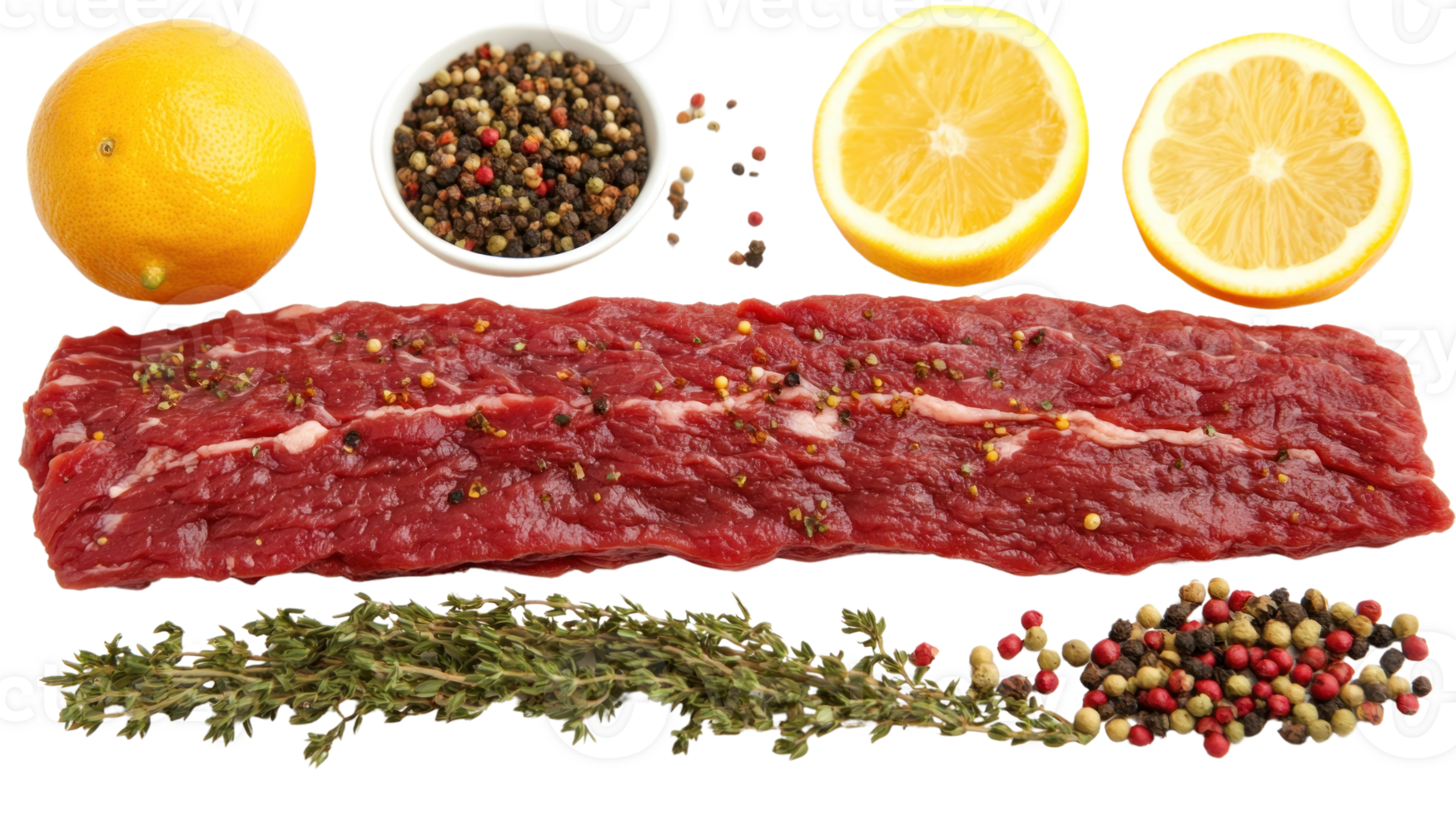 Fresh meat preparation with spices, herbs, and citrus fruits for flavor enhancement png