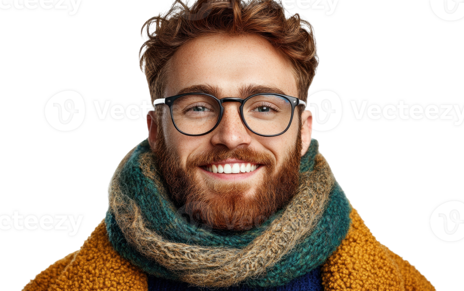 Smiling man with curly hair wearing glasses and a scarf in an isolated setting during cold weather png