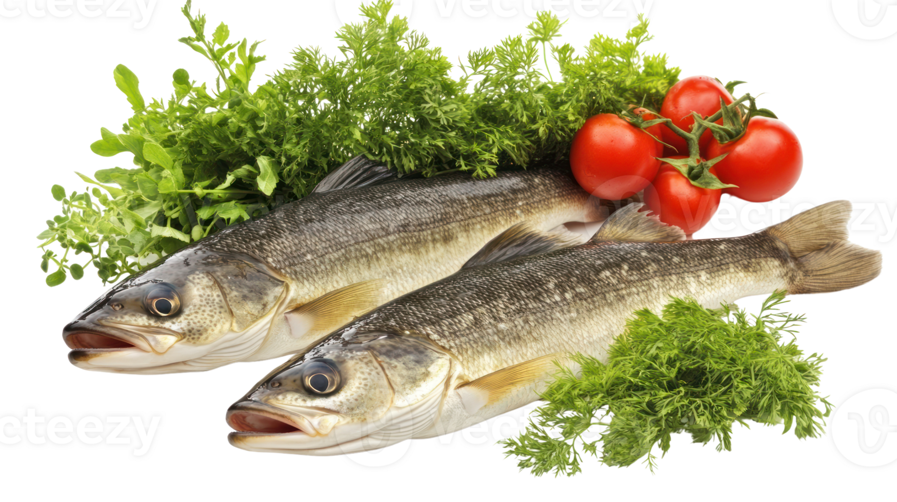 Fresh fish with vibrant herbs and ripe tomatoes arranged for a healthy meal preparation png
