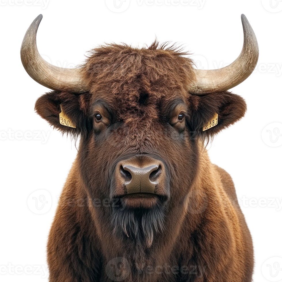 Close up view of a bison with distinctive features isolated on a white background png