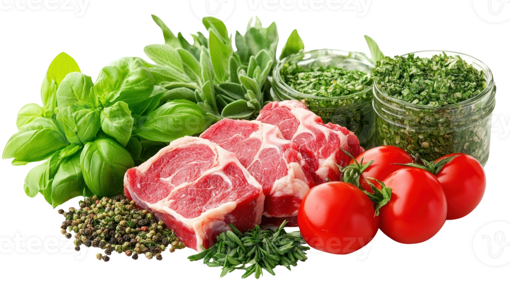 Fresh herbs, tomatoes, and meat displayed on an isolated surface for cooking preparations png