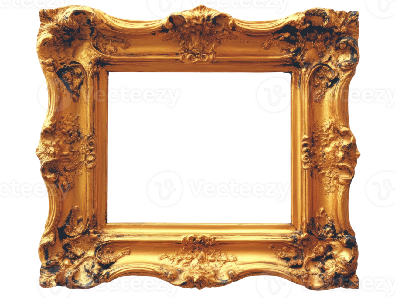 Ornate golden frame designed for showcasing art in a stylish interior setting without any artwork inside png