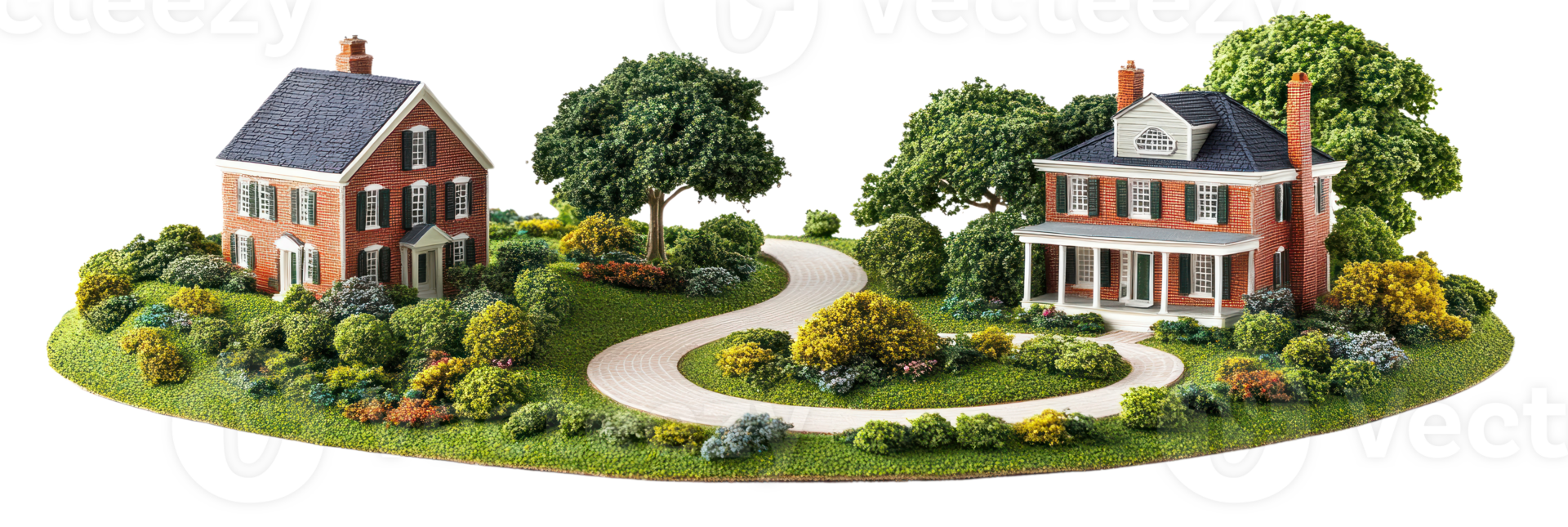 Beautifully designed model of two houses set in a lush garden landscape with winding pathway png