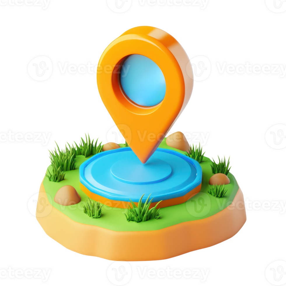 Isolated 3D location pin on a colorful terrain with grass and stones, perfect for map design png