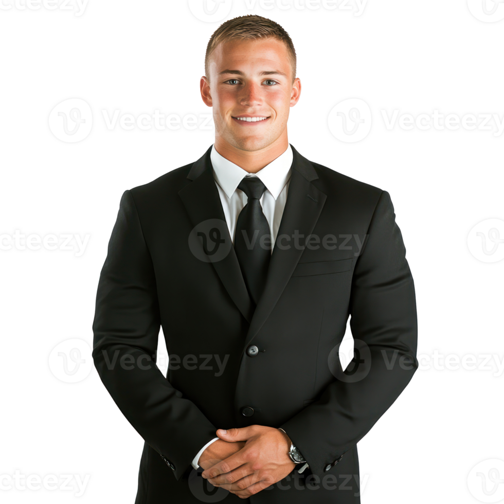 Professional business man in formal suit standing confidently with a smile in bright white background png