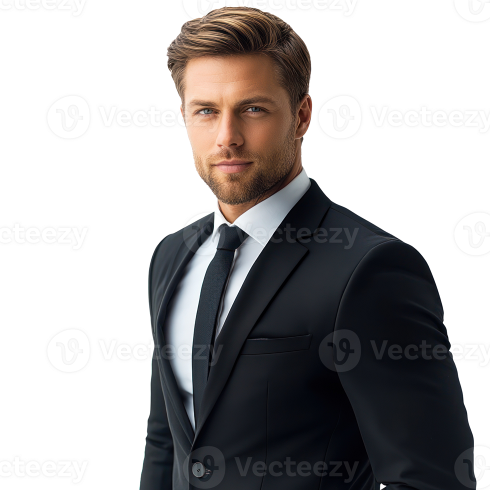 Handsome man in formal suit posing confidently against a clean background png
