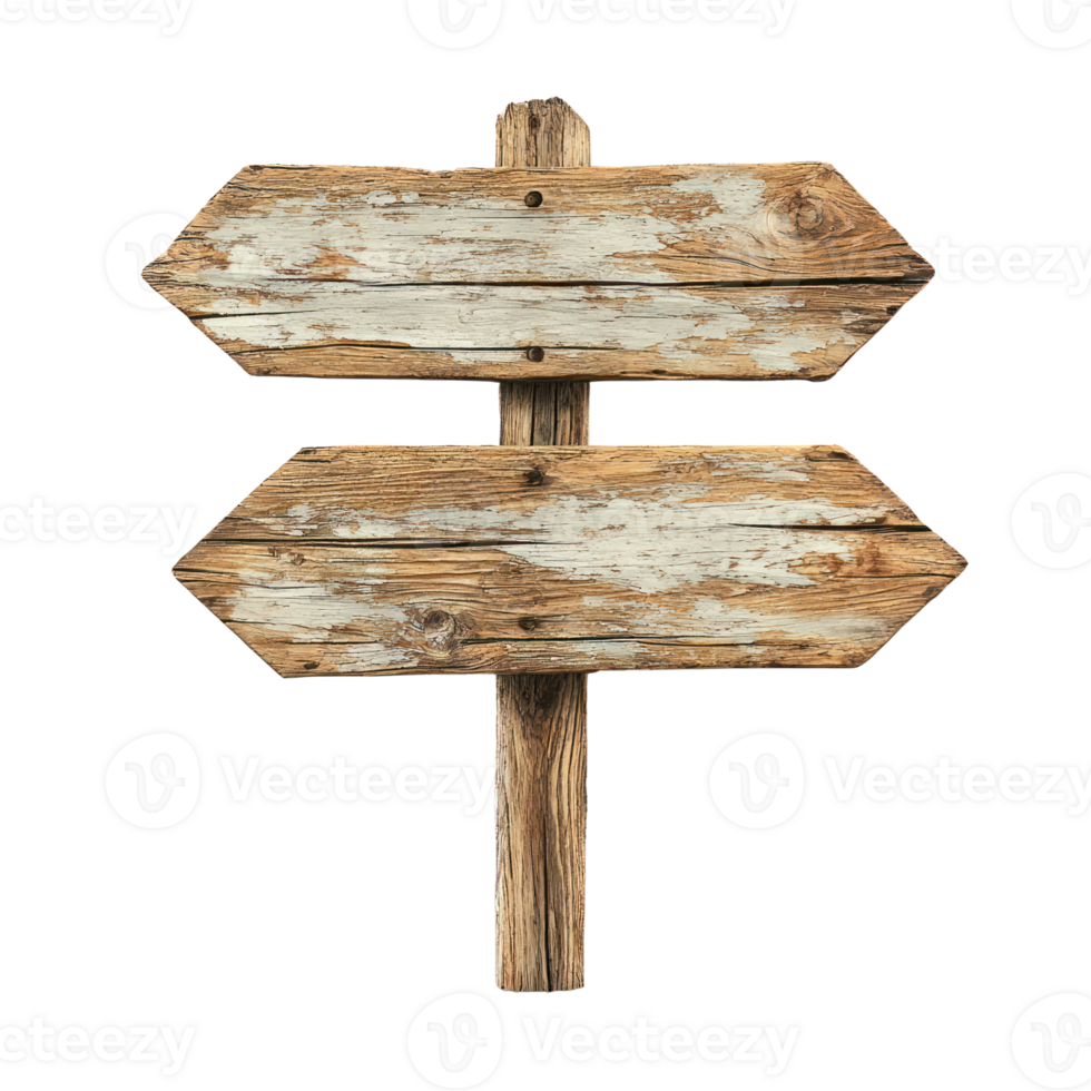 Rustic wooden signpost with two empty arrows indicating direction for wayfinding png