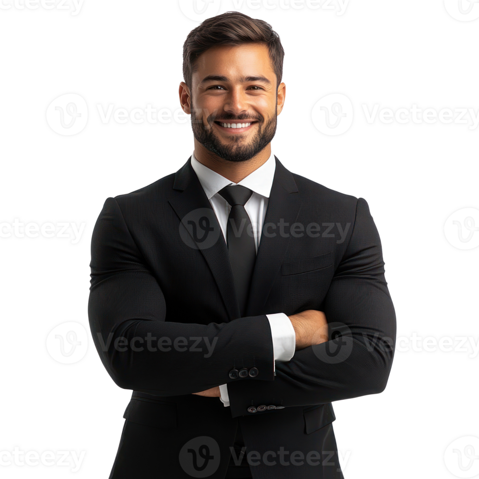 Confident man in a suit smiling with arms crossed against a white background png