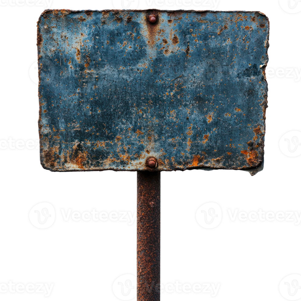 Old weathered blue sign on rusty pole with a worn surface and no visible text png