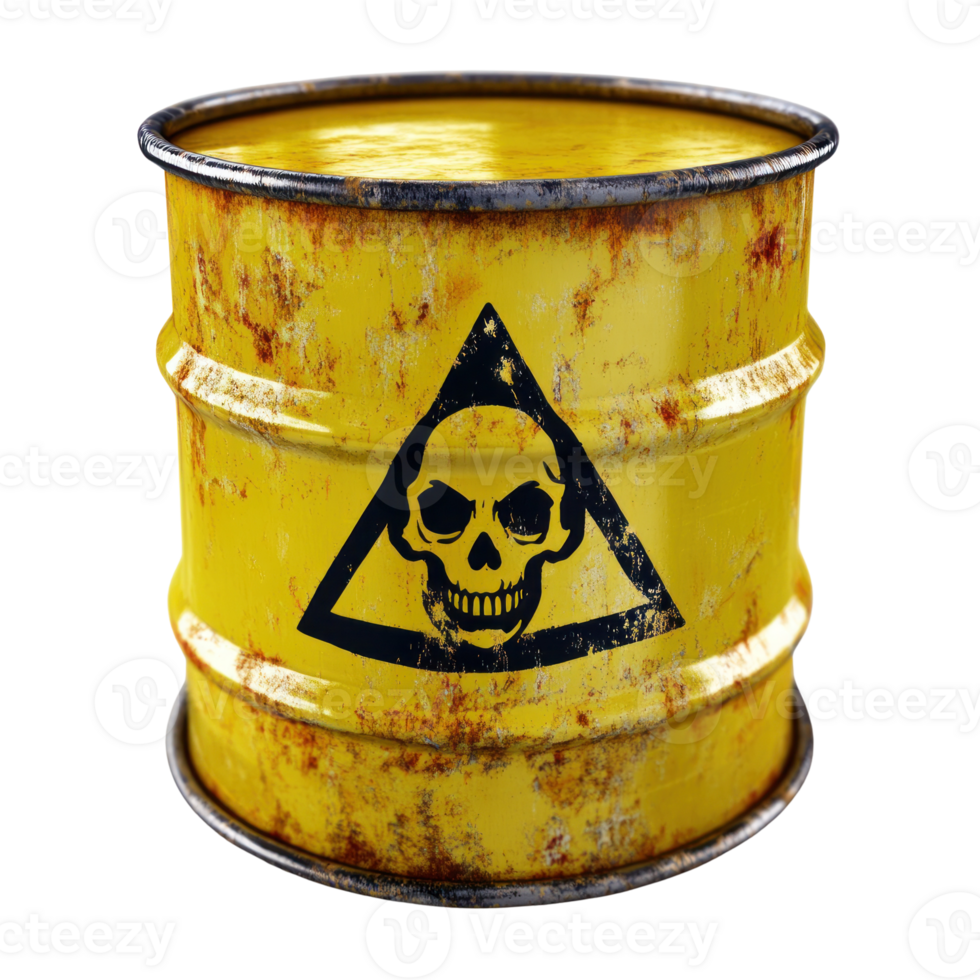 Hazardous waste barrel with warning symbol isolated on white background png