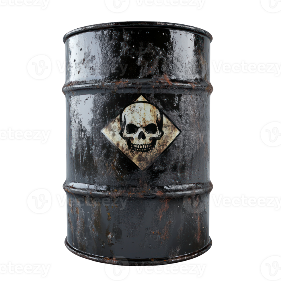 Rusty black barrel with skull symbol indicating hazardous materials for safety awareness png
