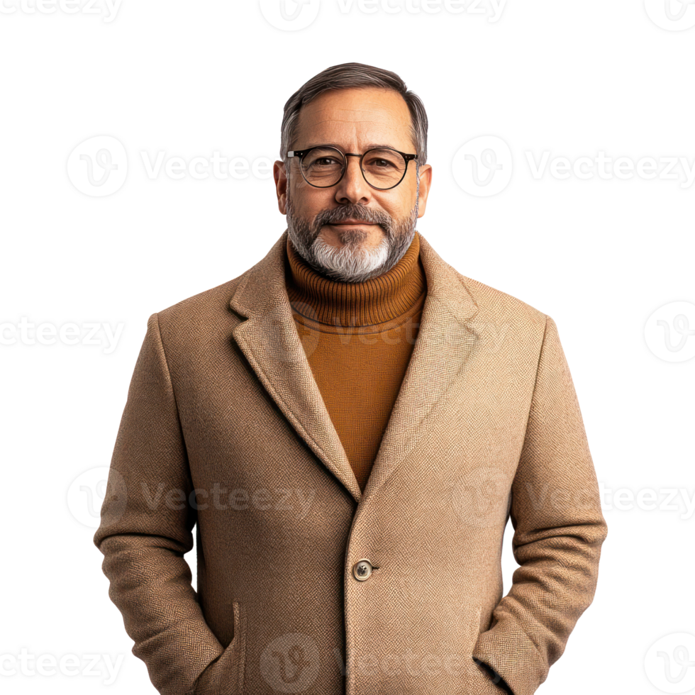 Mature man in stylish coat and turtleneck sweater, posing confidently against white background png