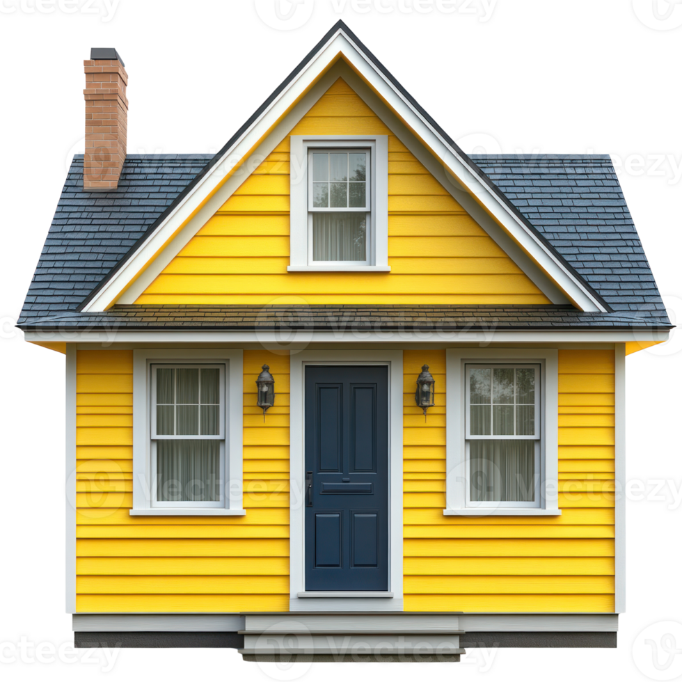 Charming yellow house with blue door and windows on a clear day in a serene neighborhood setting png