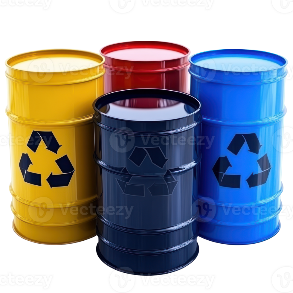 Colorful recycling barrels for waste management in an industrial environment png