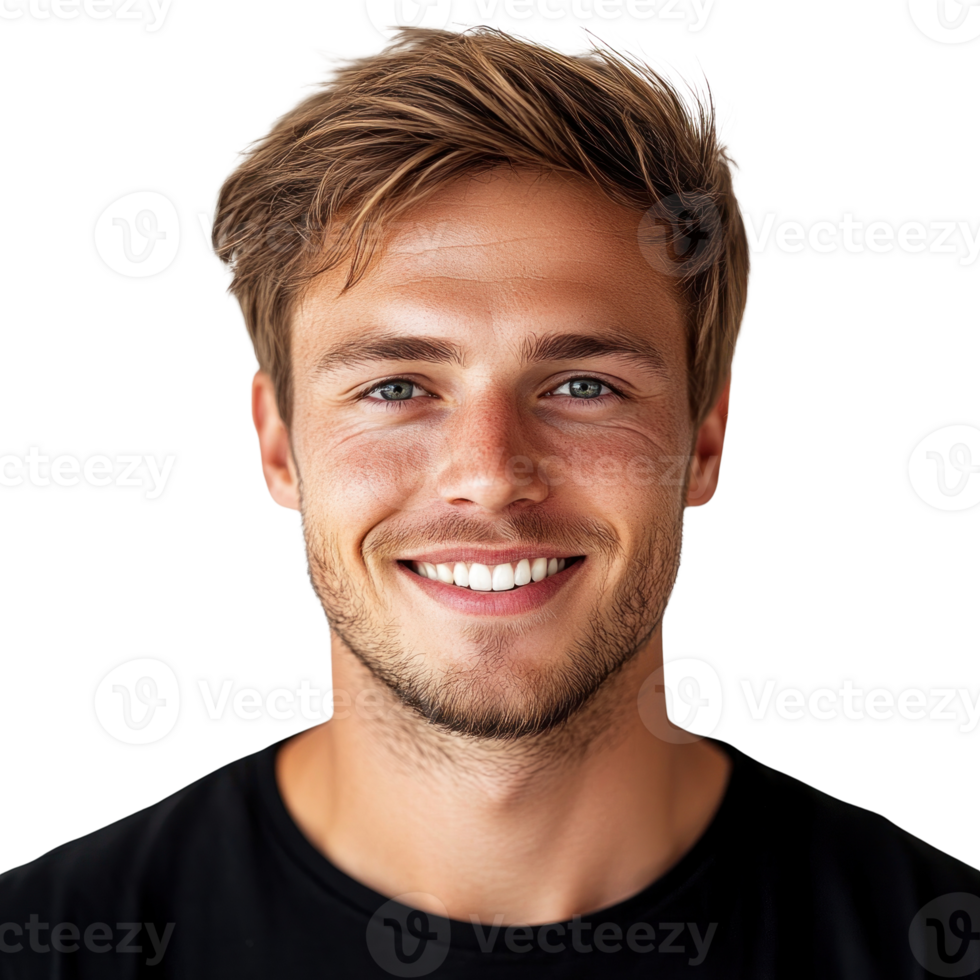 Smiling young man with short hair and strong jawline looking directly at the camera in a casual black shirt png