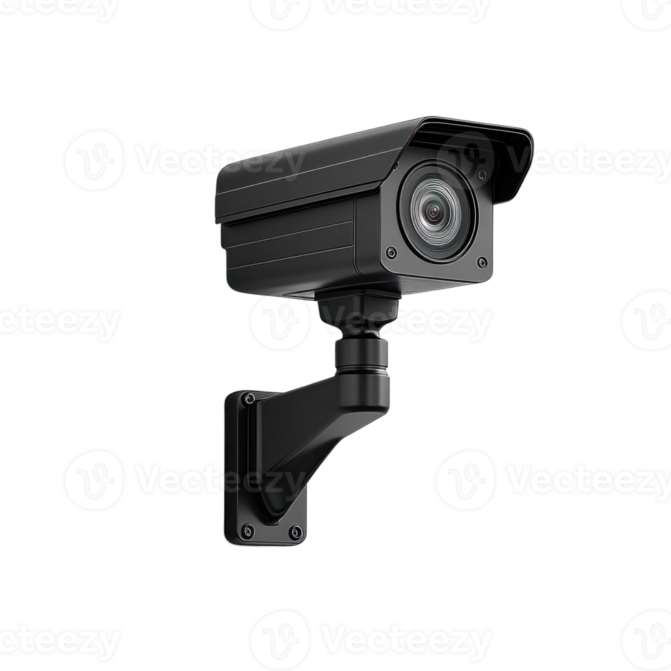 Security camera mounted on wall for surveillance and safety monitoring in urban setting png