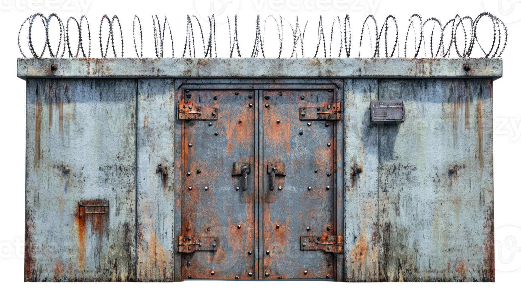 Rusty metal door with barbed wire fence at an isolated location during daylight hours png