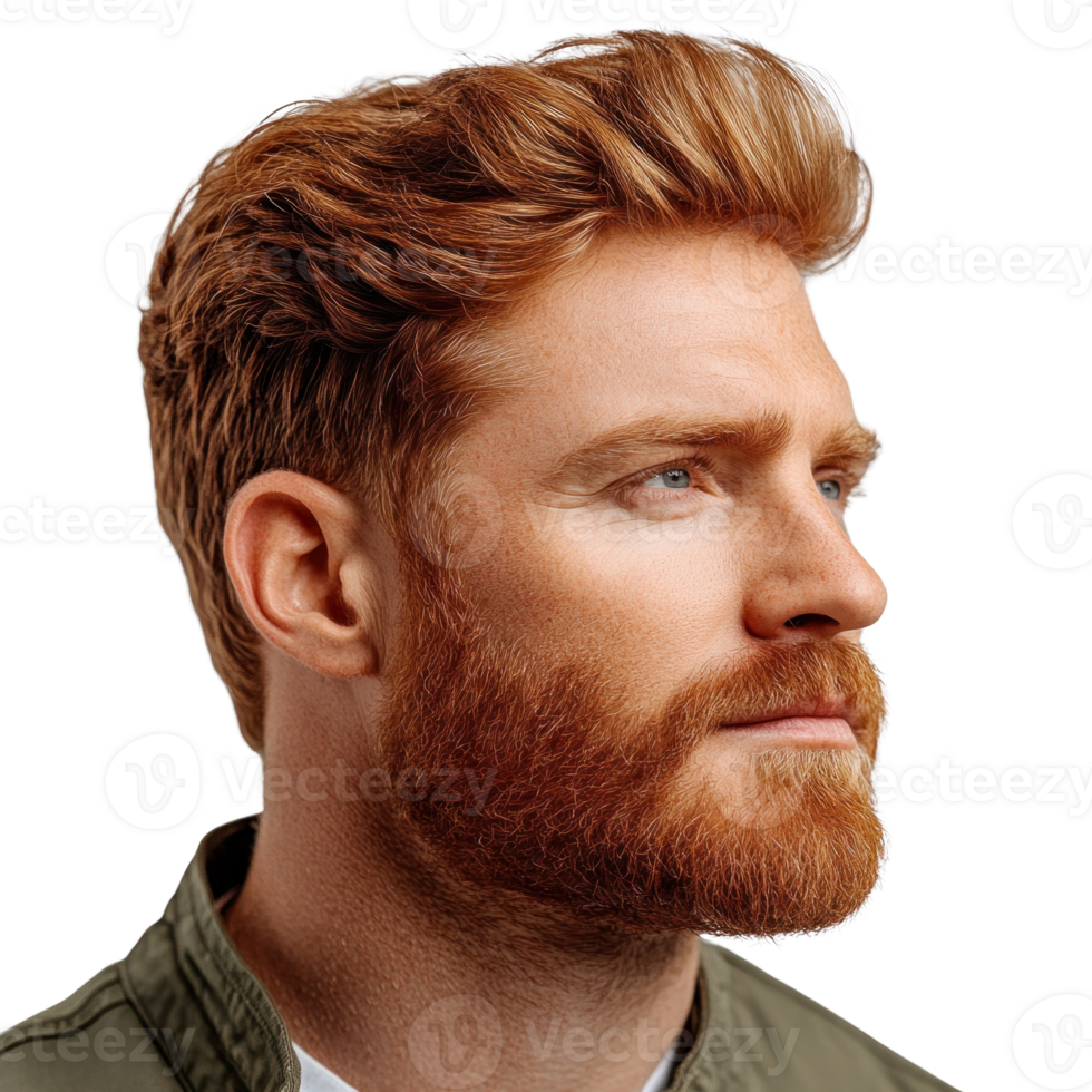 Profile view of a man with red hair and beard showcasing a confident expression against a white background png