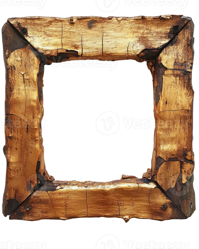 Decorative golden frame with rustic wooden edges for art display and decoration in various settings png