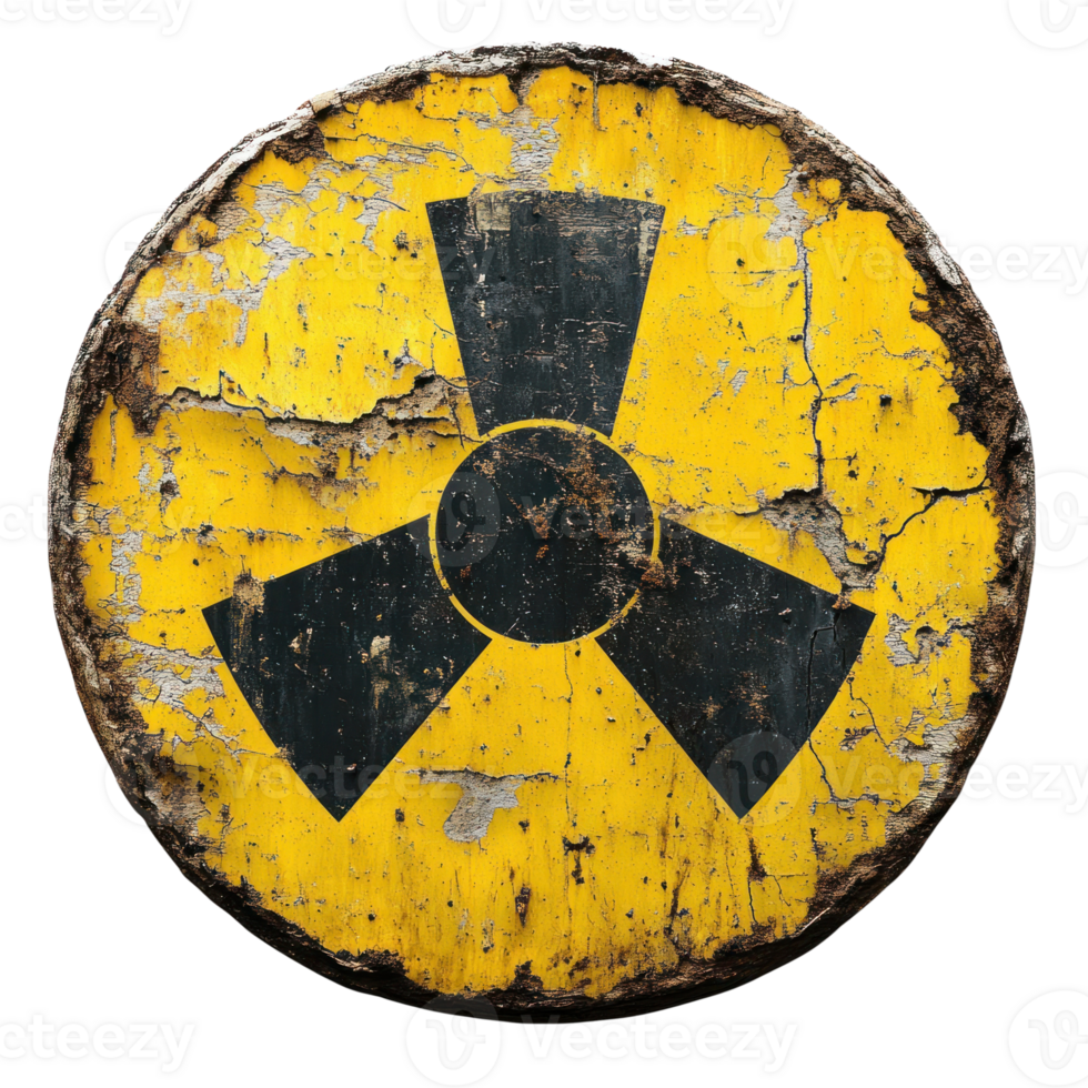 Weathered nuclear hazard sign with a bright yellow background showing signs of age and wear png