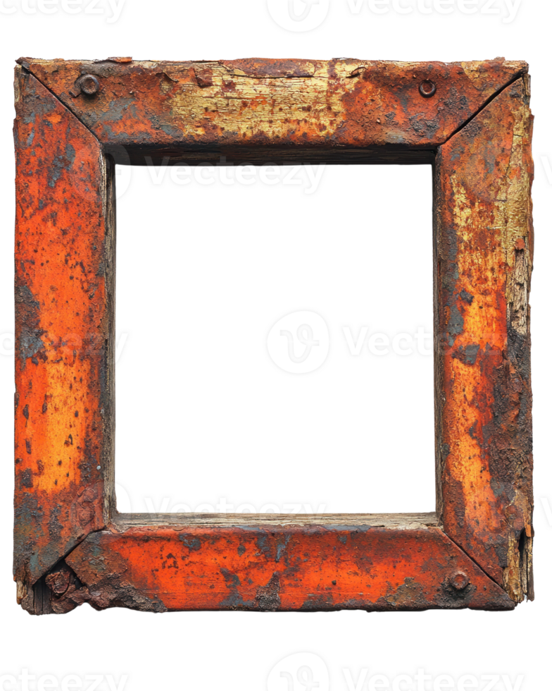 Old rustic frame with peeling paint showcasing a weathered design on a white background png