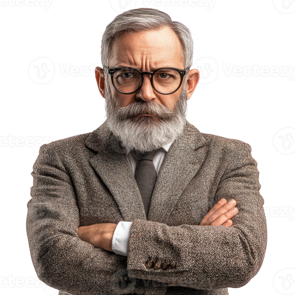 Elderly man with gray beard and glasses wearing a tweed suit poses confidently with arms crossed png