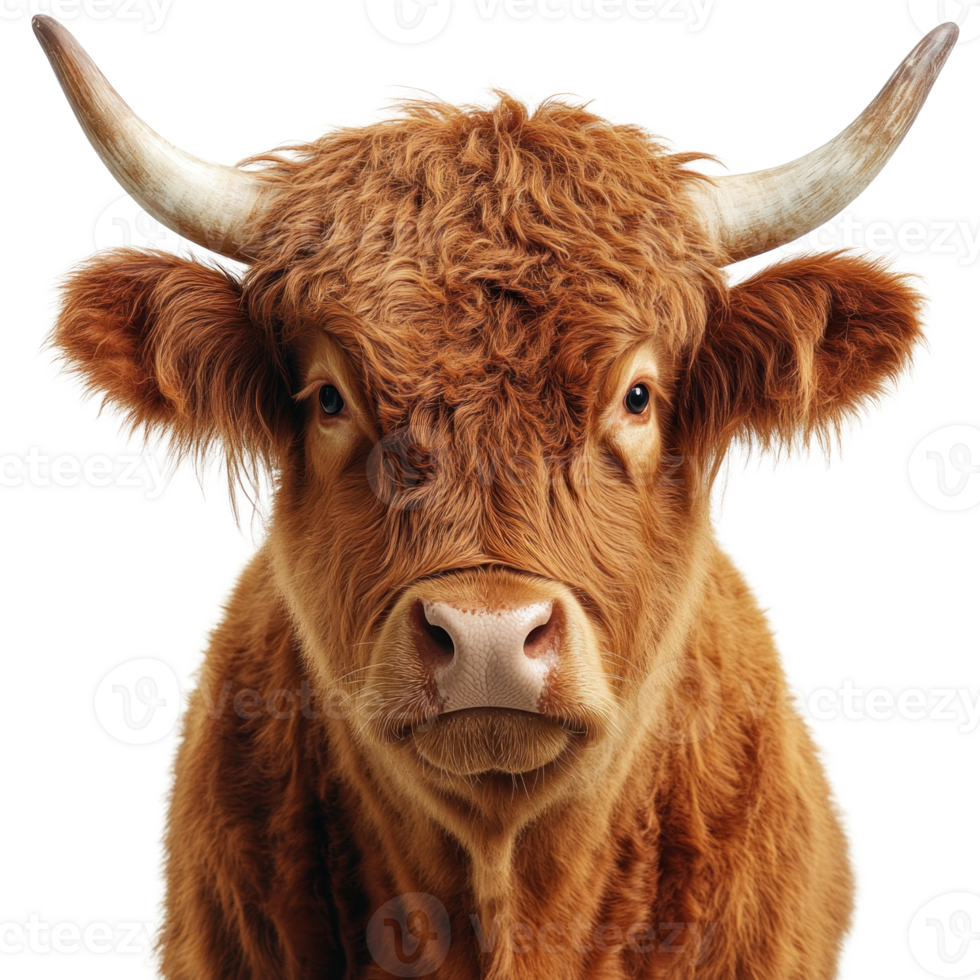 Highland cow with fluffy fur and prominent horns isolated on white background png