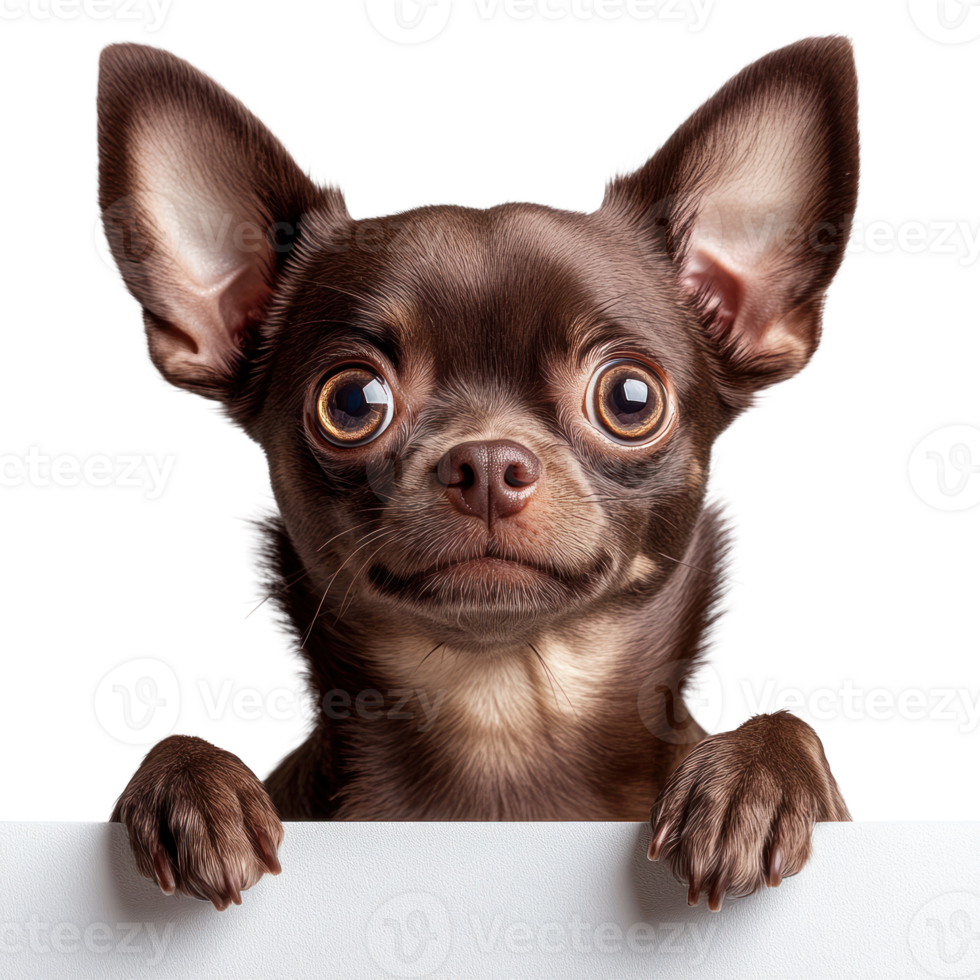 Charming brown chihuahua with large eyes eagerly peeking over a white surface, showcasing its playful personality png
