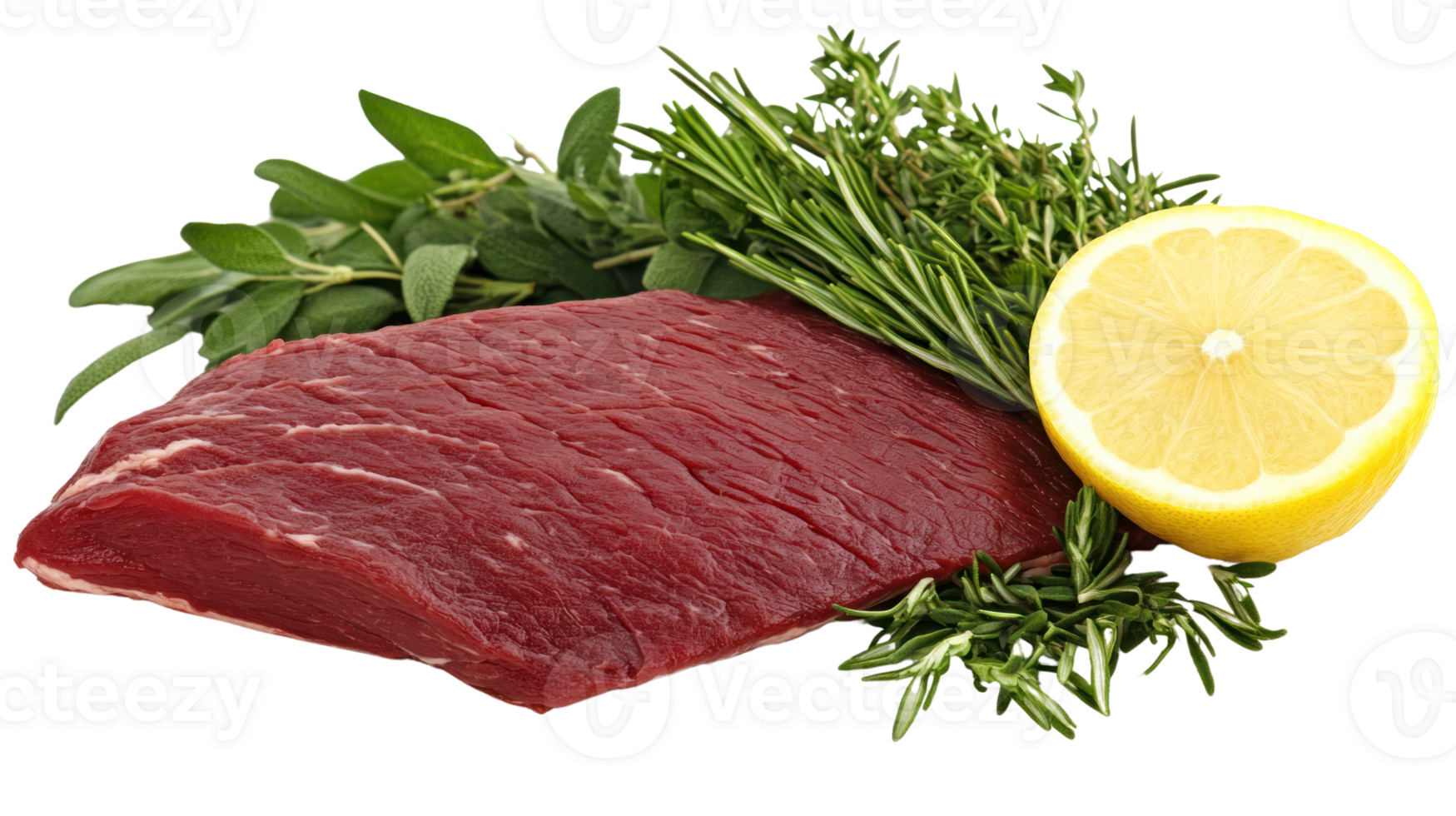Fresh beef steak with herbs and lemon ready for cooking and marinating in a kitchen png
